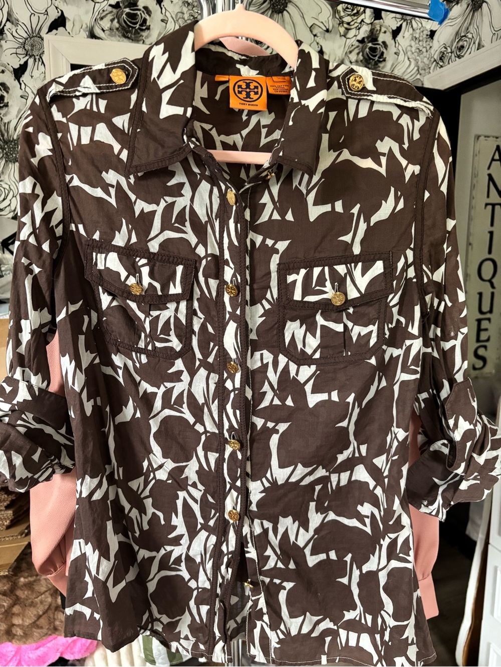 Tory Burch Brown & White Printed Utility Shirt